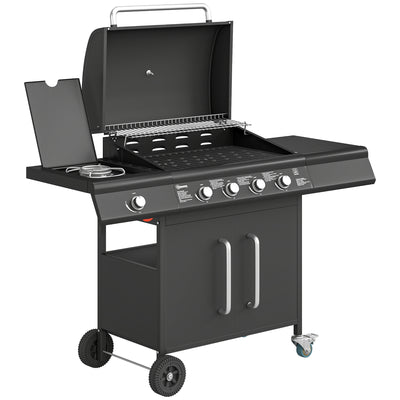 Outsunny 4+1 Burner Gas BBQ Grill with Storage Cabinet, 15.2 kW Gas Barbecue Trolley with Side Table, 4 Wheels, Warming Rack 