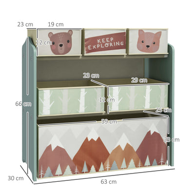ZONEKIZ Kids Storage Unit, Toy Storage Organiser, with Six Fabric Bins, for Bedrooms, Playrooms, Nurseries - Green 