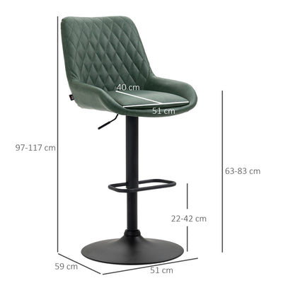 HOMCOM Retro Bar Stools Set of 2, Adjustable Kitchen Stool, Upholstered Bar Chairs with Back, Swivel Seat, Green 