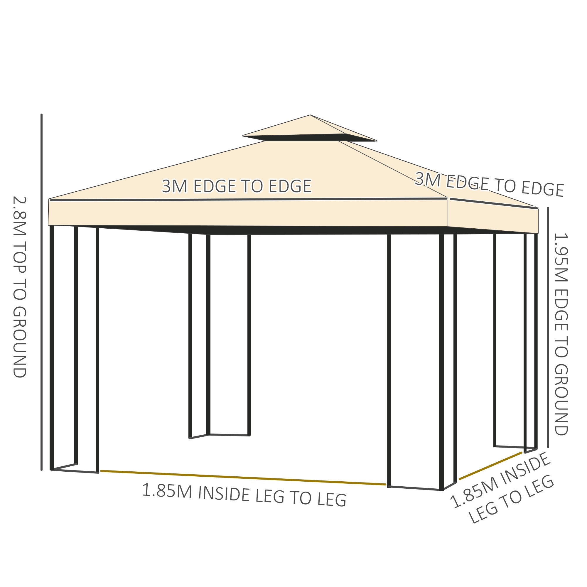Outsunny 3(m) x 3(m) Garden Gazebo, Double Roof Outdoor Gazebo Canopy Shelter with Netting, Solid Steel Frame, for Garden, Lawn and Deck, Beige 