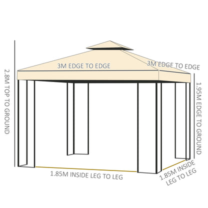 Outsunny 3(m) x 3(m) Garden Gazebo, Double Roof Outdoor Gazebo Canopy Shelter with Netting, Solid Steel Frame, for Garden, Lawn and Deck, Beige 