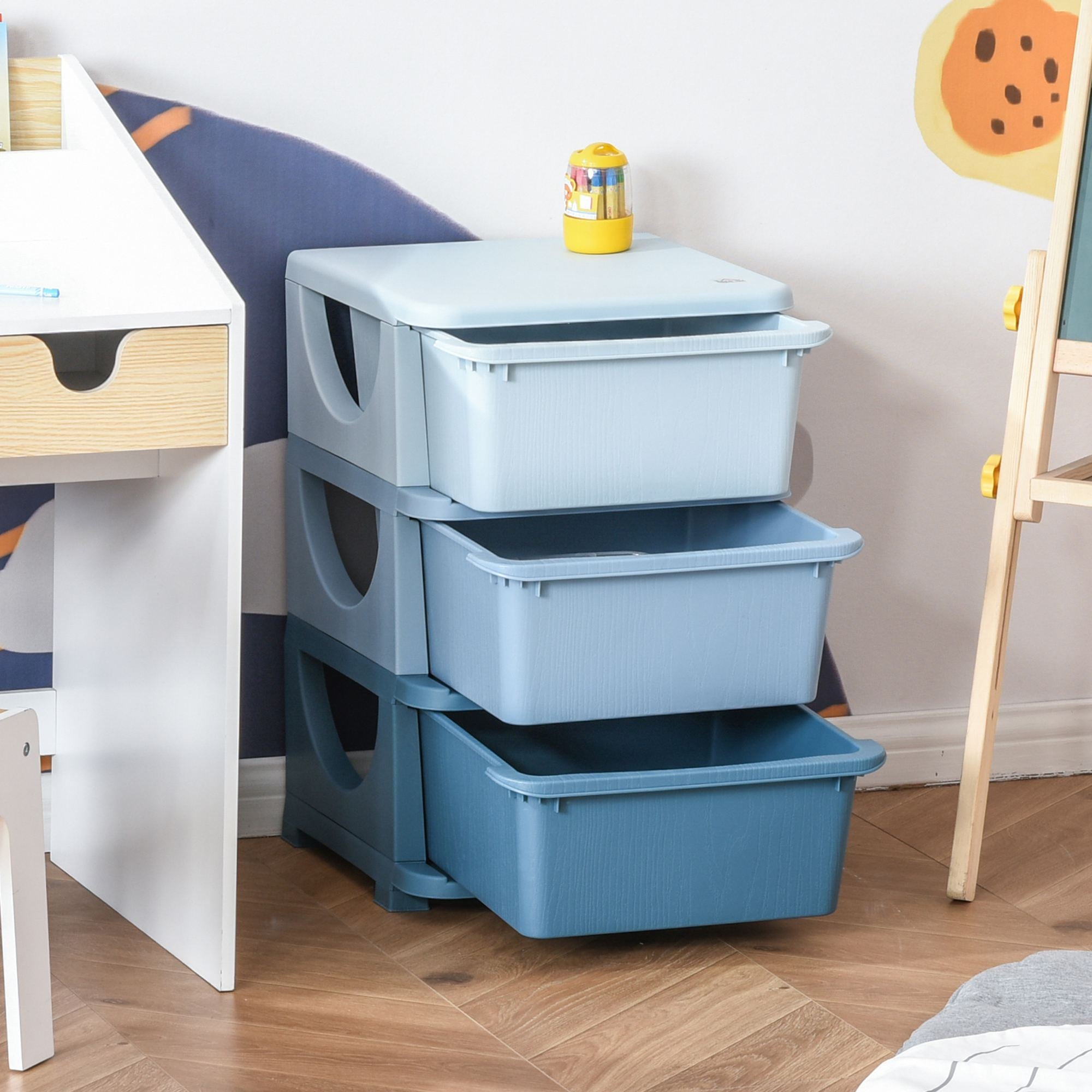 HOMCOM Kids Storage Units with 3 Drawers 3 Tier Chest Vertical Dresser Tower Toy Organizer for Nursery Playroom Kindergarten Blue 