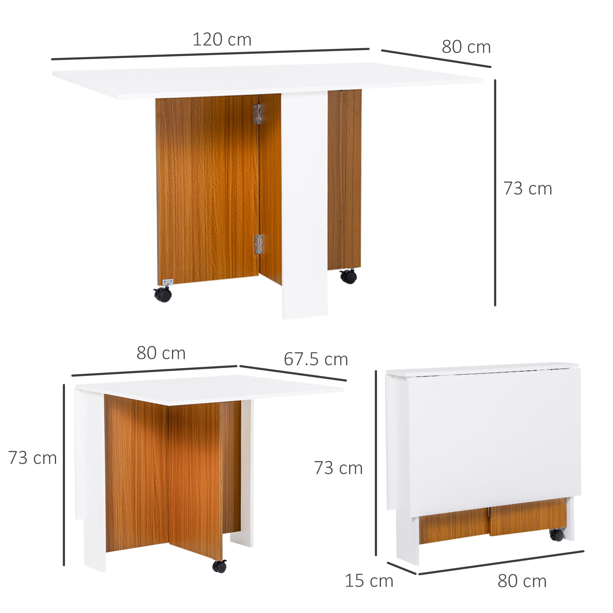 HOMCOM Folding Dining Table Writing Desk Workstation w/ Casters Teak Colour, White 