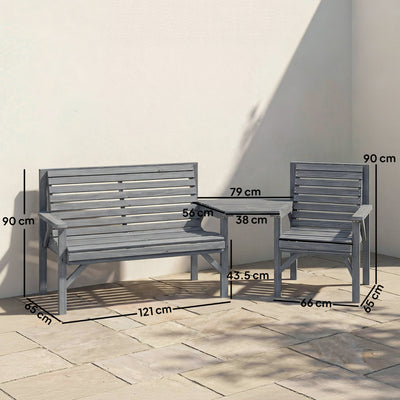 Outsunny Wooden Garden Furniture Set with Parasol Hole, 1 Chair, 1 Bench and Detachable Table, Grey Embossed Finish 