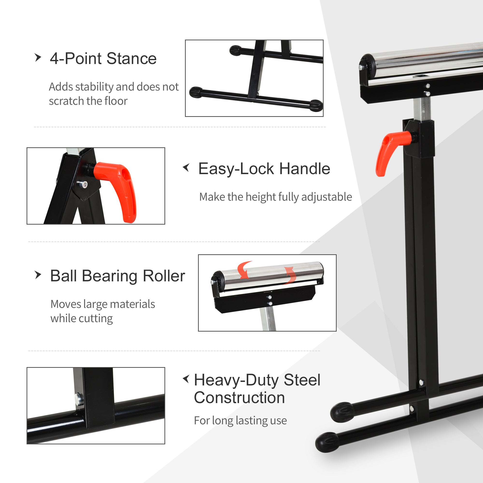 HOMCOM Folding Roller Stand, Material Support Pedestal with Ball Bearing Roller Height Adjustable Portable, Metal Construction, Black 