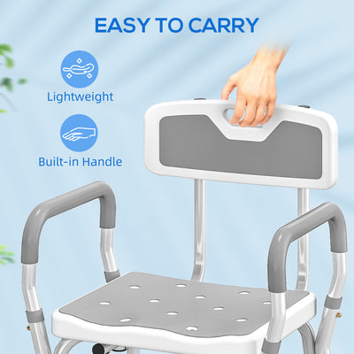 HOMCOM EVA Padded Shower Chair for the Elderly and Disabled, Height Adjustable Shower Stool with Back and Arms, 4 Suction Foot Pads, Light Grey 