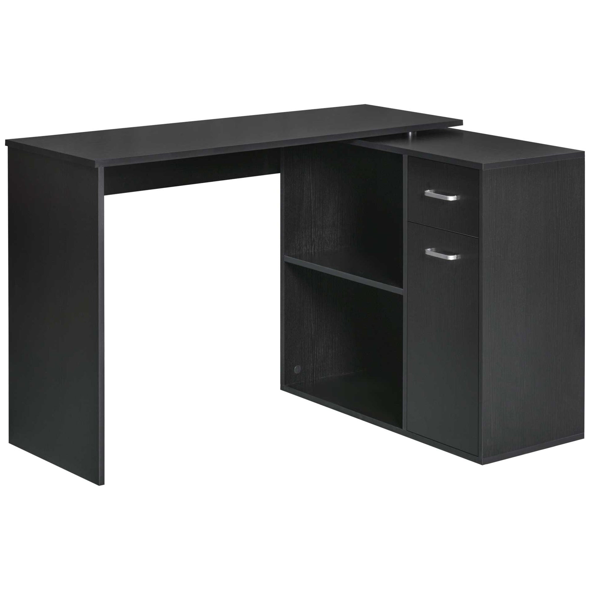 HOMCOM L-Shaped Desk, Corner Computer Desk, Adjustable Study Table with Storage Shelf, Drawer and Cabinet, Workstation for Home Office, Black Wood Grain 