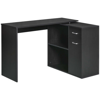 HOMCOM L-Shaped Desk, Corner Computer Desk, Adjustable Study Table with Storage Shelf, Drawer and Cabinet, Workstation for Home Office, Black Wood Grain 