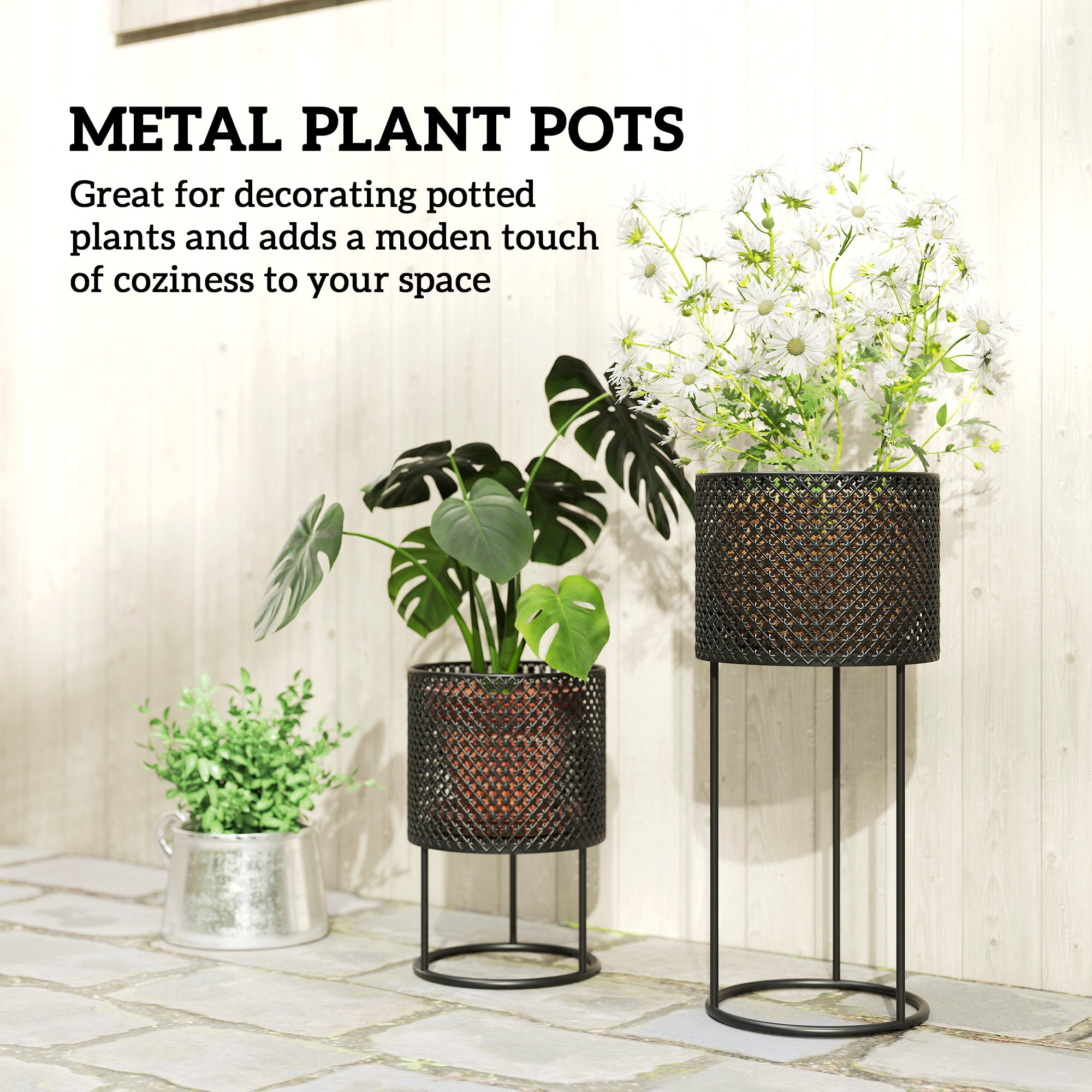 Outsunny Metal Plant Pots Set of 2 with Hollow Design Flower Planters for Garden Balcony Black 