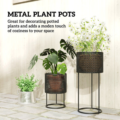 Outsunny Metal Plant Pots Set of 2 with Hollow Design Flower Planters for Garden Balcony Black 