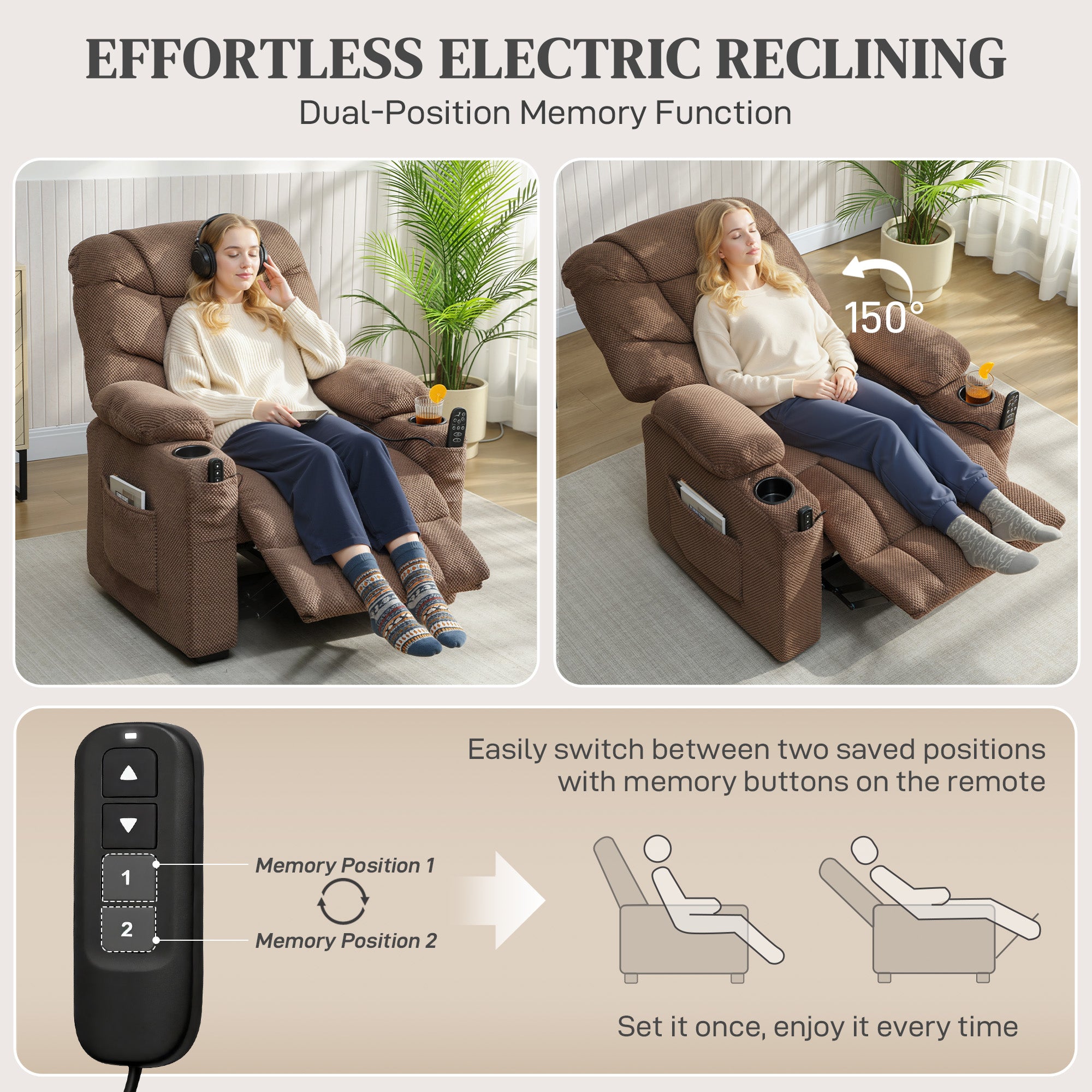 HOMCOM Electric Massage Recliner Armchair with Vibration, Heat, Whisper-Quiet Motor, Memory Function, Fleece Power Reclining Chair with Spring Pack, USB Port, Footrest, Side Pocket, Cup Holders, Brown 