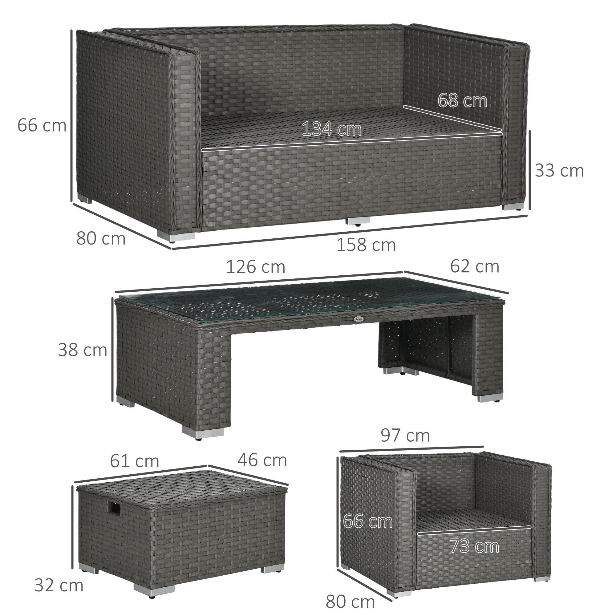 Outsunny 6PC Garden Rattan Sofa Set Bonzer Outdoor Furniture Patio Table Loveseat Stool Lounging Ottoman Aluminium Frame Wicker Weave Conservatory Grey 