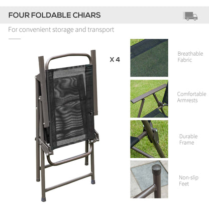 Outsunny 6 Piece Garden Dining Set with Umbrella, Patio Sets with Parasol with 4 Folding Dining Chairs & Round Tempered Glass Table, Black 