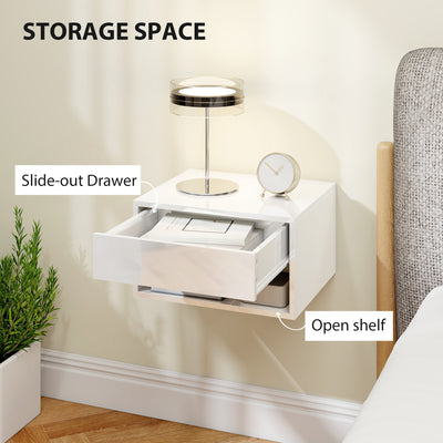 HOMCOM Set of Two Floating Bedside Tables, Wall Mounted Nightstand with Drawer and Open Shelf, High Gloss White 