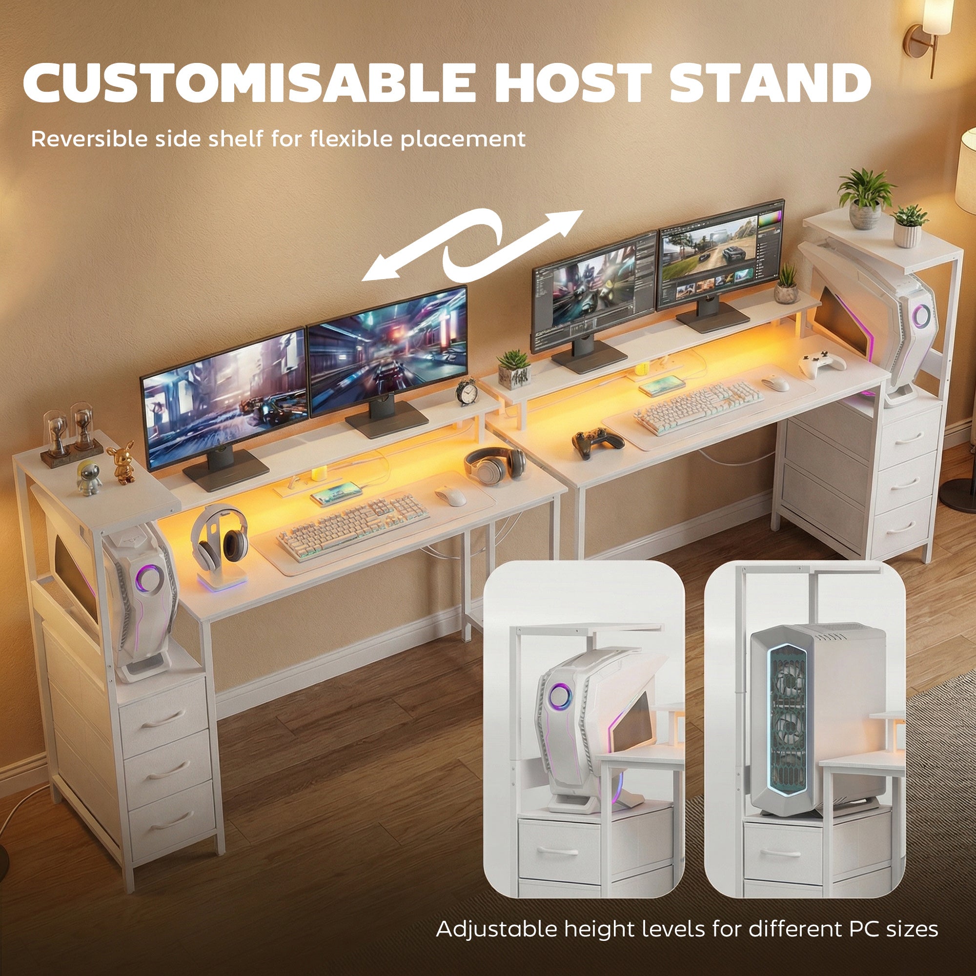 HOMCOM 147cm Gaming Desk with Charging Station and Monitor Stand, Computer Table for Home Office with RGB Lights, White 