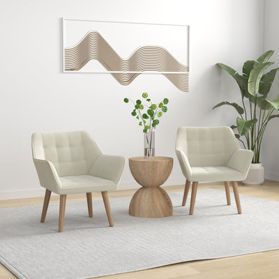 Set of 2 Accent Chair, Arm Chair with Slanted Back, Thick Padding and Rubber Wooden Legs for Living Room, Cream White 