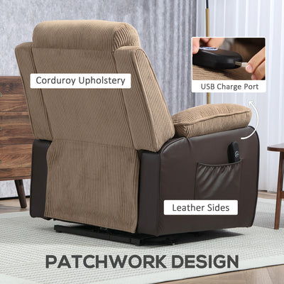 HOMCOM Power Lift Recliner Chair for Elderly, Patchwork Design Oversized Electric Riser and Recliner Armchair for Living Room with Remote Control, USB Port and 2 Side Pockets, Brown 