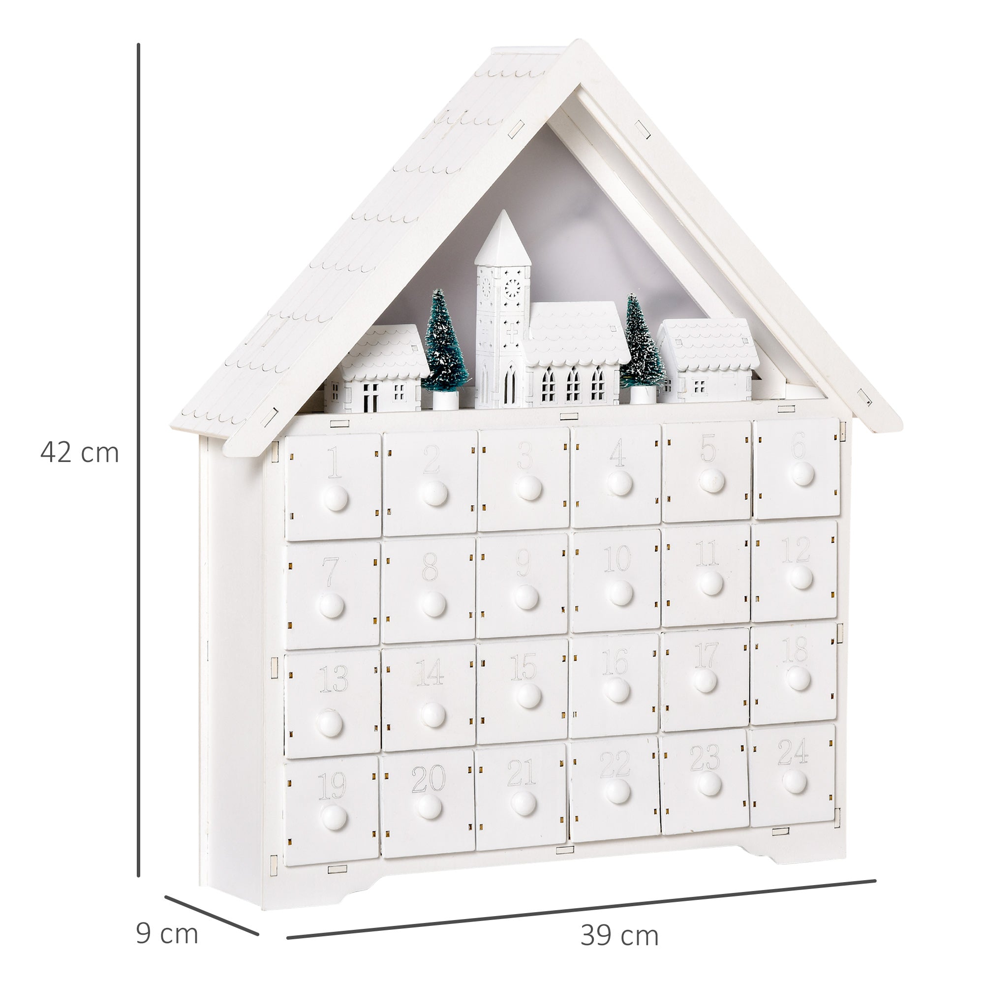 HOMCOM 24-Drawer Christmas Advent Calendar, Wooden Light-Up Traditional Decoration, Adults Kids Countdown Holiday House w/ Lights Handle White 