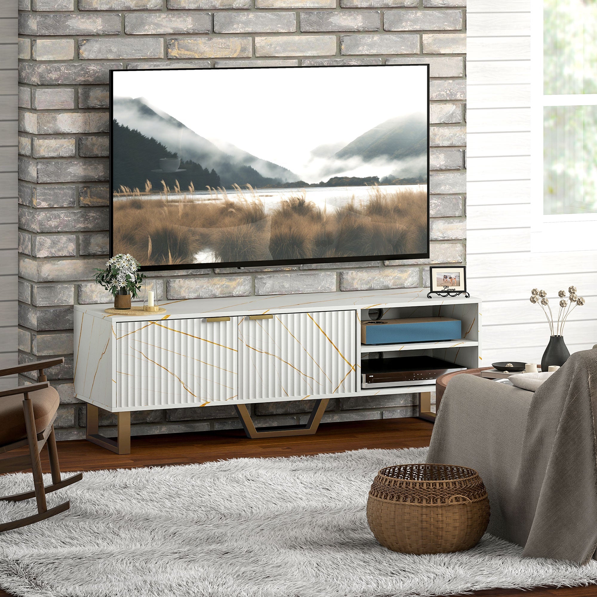 HOMCOM Marble Effect TV Unit, TV Stand Cabinet for up to 70" TVs, Modern TV Cabinet with Shelves and Storage Cupboard, Fluted Door, Extra Centre Leg, Cable Management for Living Room, White 