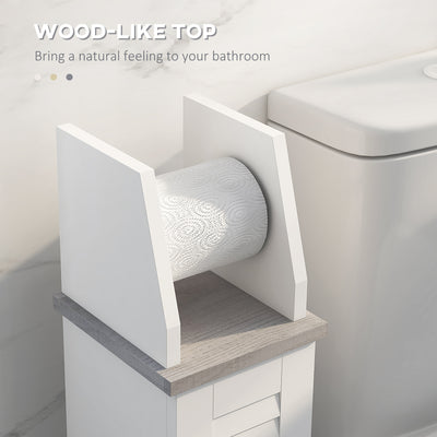 kleankin Slim Bathroom Floor Cabinet with Cupboard, Roll Holder and Adjustable Shelf, Toilet Roll Storage Unit for Toilet Paper, Shampoo, White 