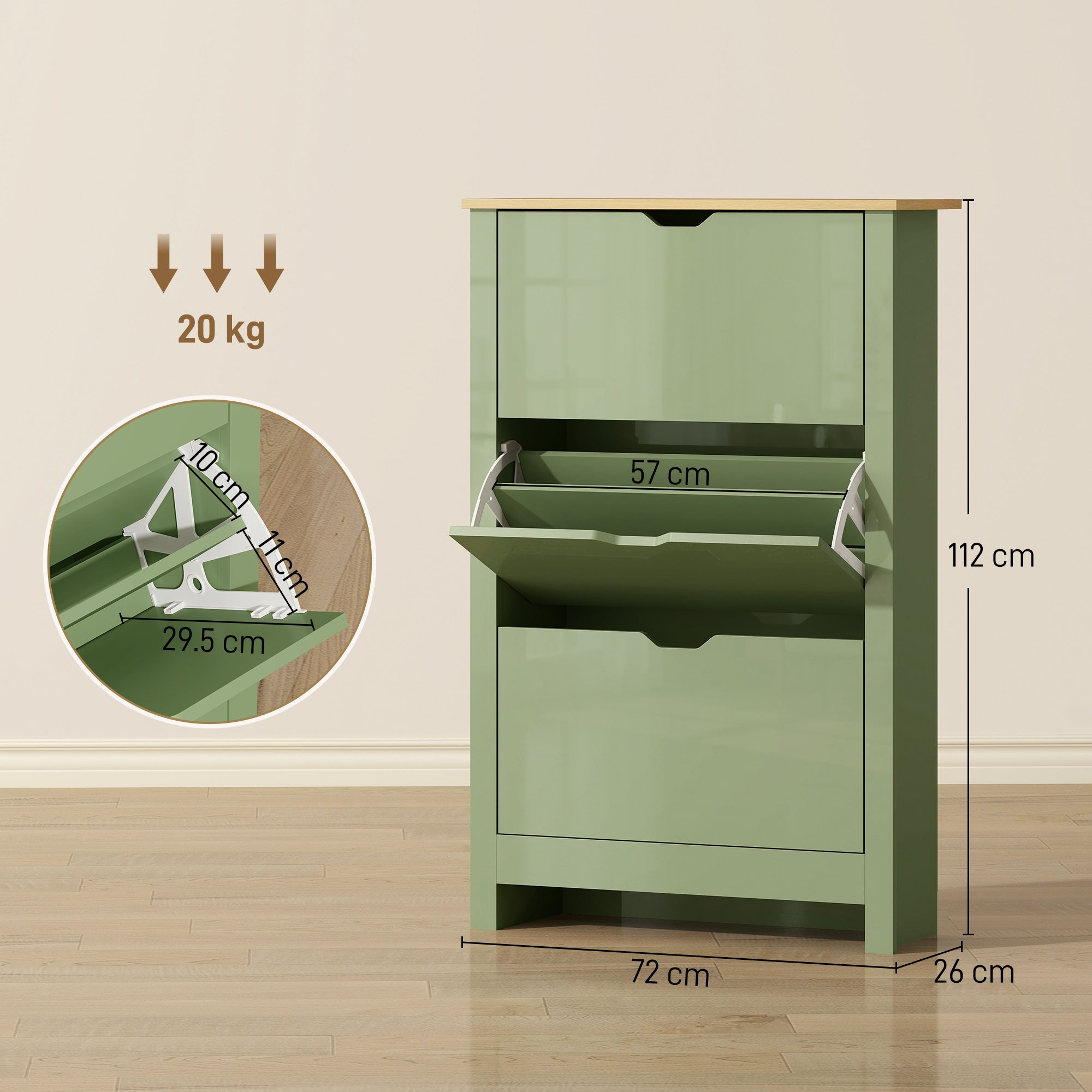 HOMCOM Slim Shoe Cabinet, Narrow Shoe Cupboard with 3 Flip Drawers, Adjustable Shelves for 18 Pairs of Shoes, High Gloss Green 