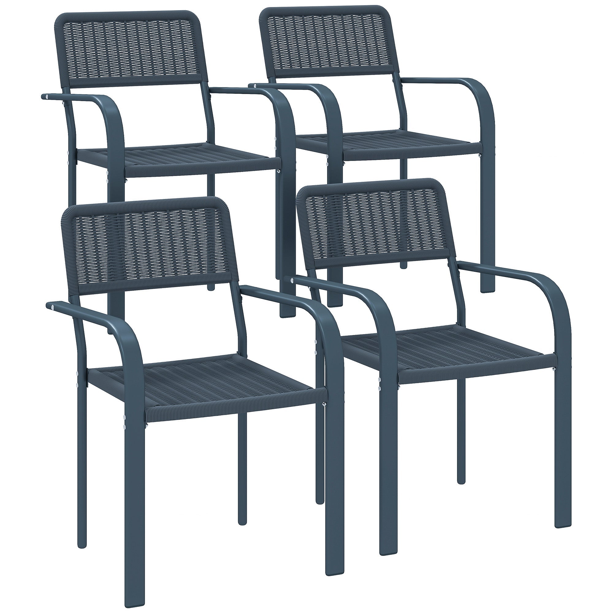 Outsunny Garden Chairs Set of 4, Stackable Rattan Effect Dining Chairs with Armrest, Weather Resistant and Lightweight Outdoor Furniture Armchairs for Patio, Balcony, Terrace, Dark Grey 