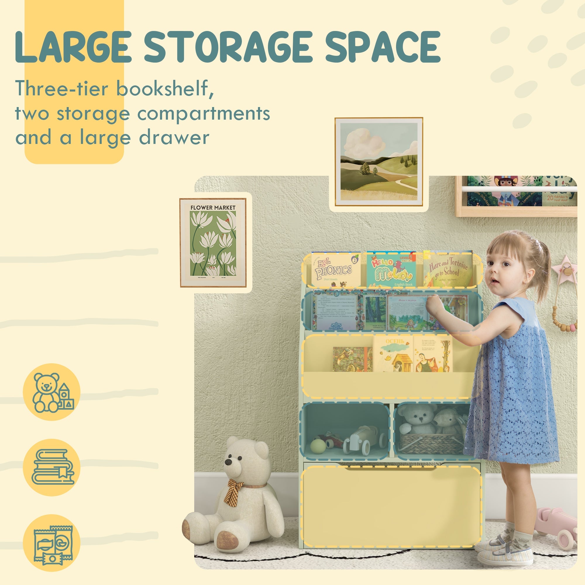 HOMCOM Kids Bookshelf, Toy Organiser, with Storage Drawer, Wheels - Green 