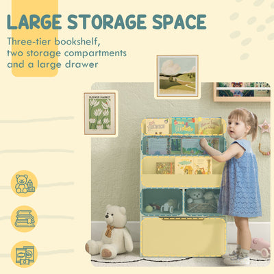 HOMCOM Kids Bookshelf, Toy Organiser, with Storage Drawer, Wheels - Green 