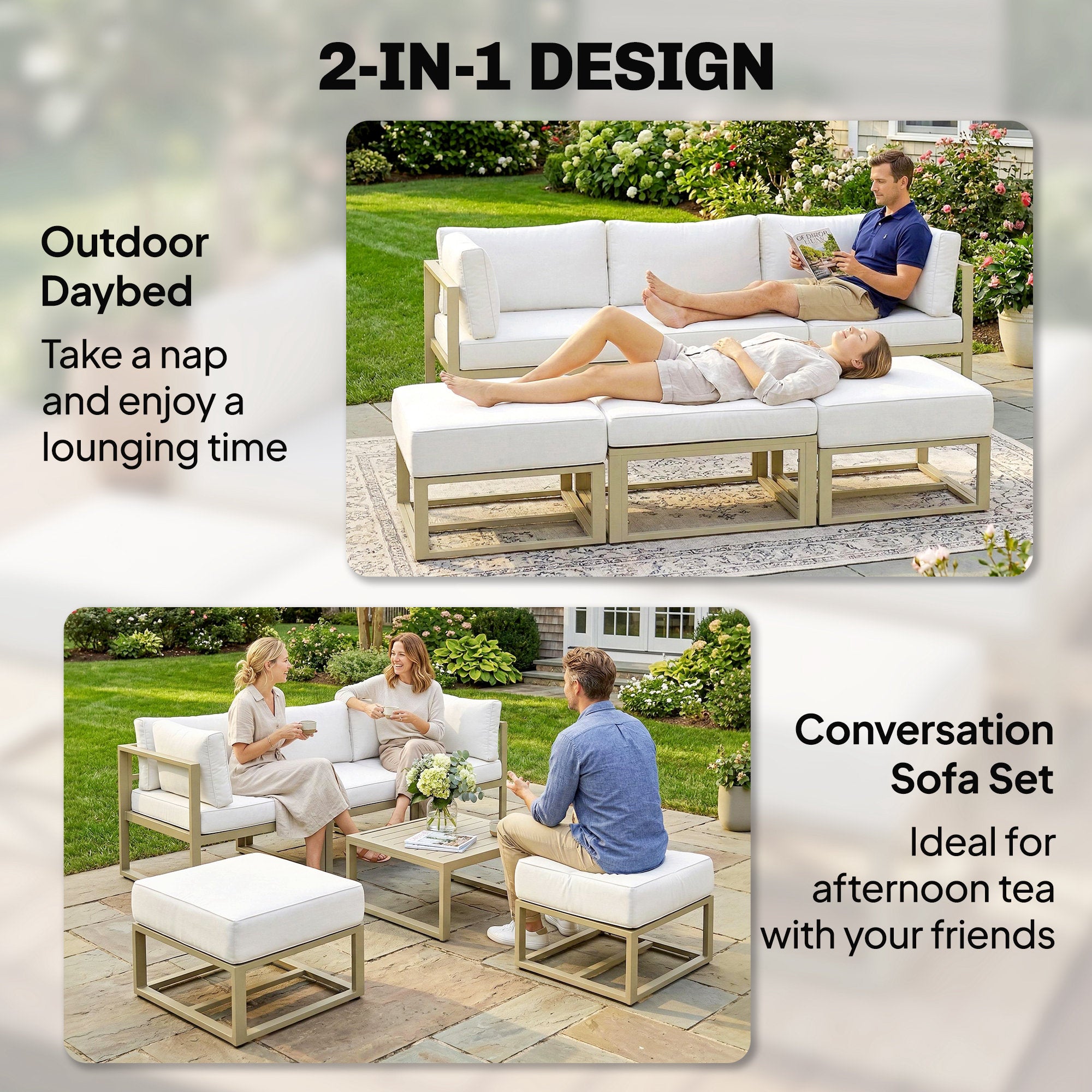 Outsunny Garden Daybed, 6 Piece Outdoor Sectional Sofa Set, Aluminium Patio Conversation Furniture Set with Coffee Table 