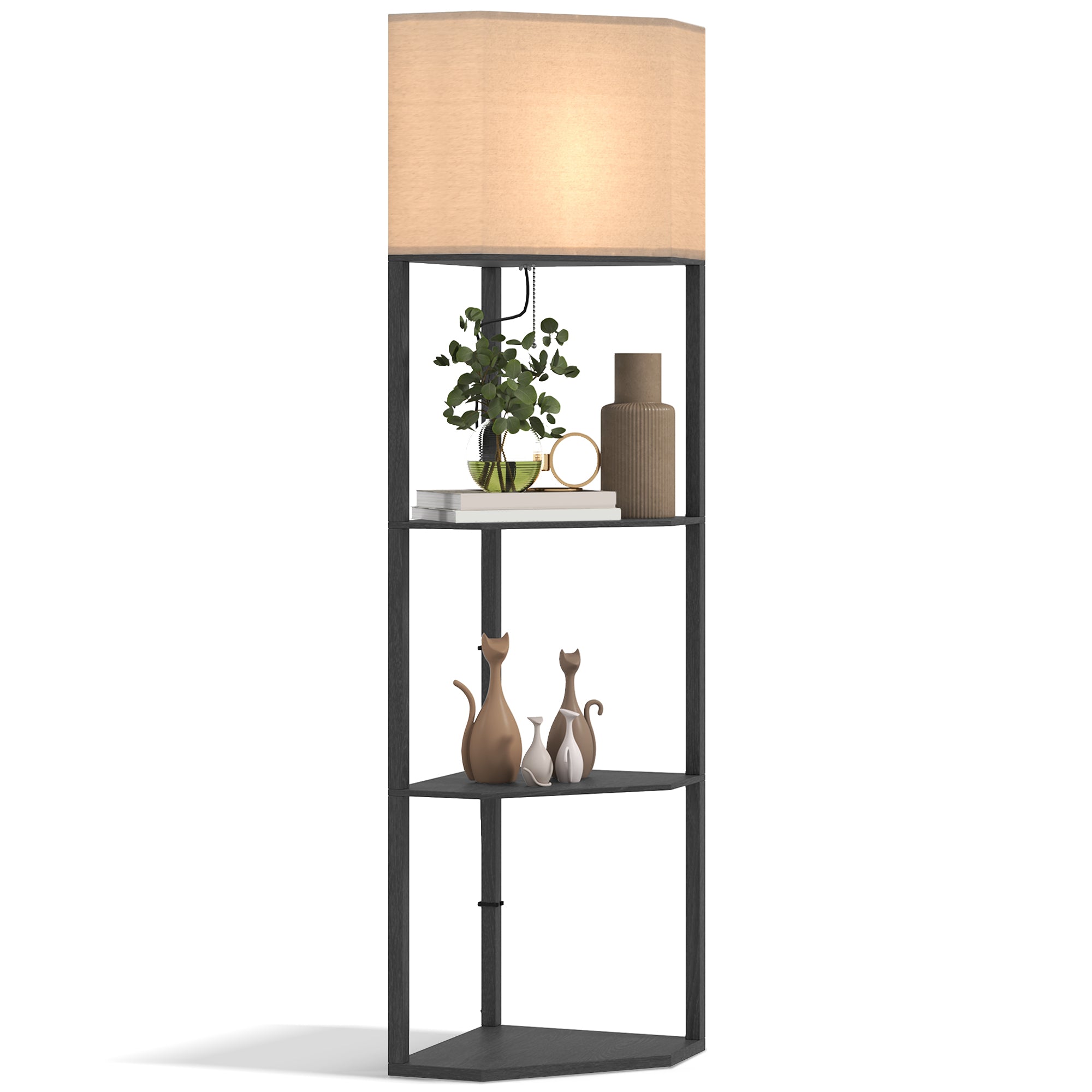 HOMCOM Corner Floor Lamp with Shelves, Modern Tall Standing Lamps for Living Room, Bedroom, with Chain Switch Bulb not Included, Black 