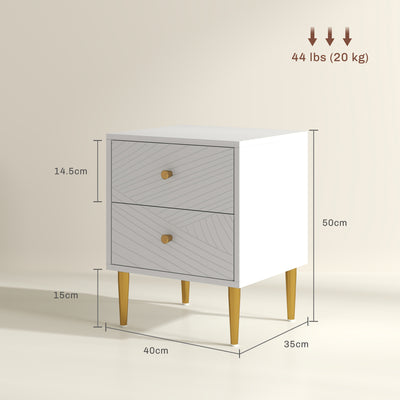 HOMCOM Elegant Two-Drawer Bedside Table - White/Gold-Tone 