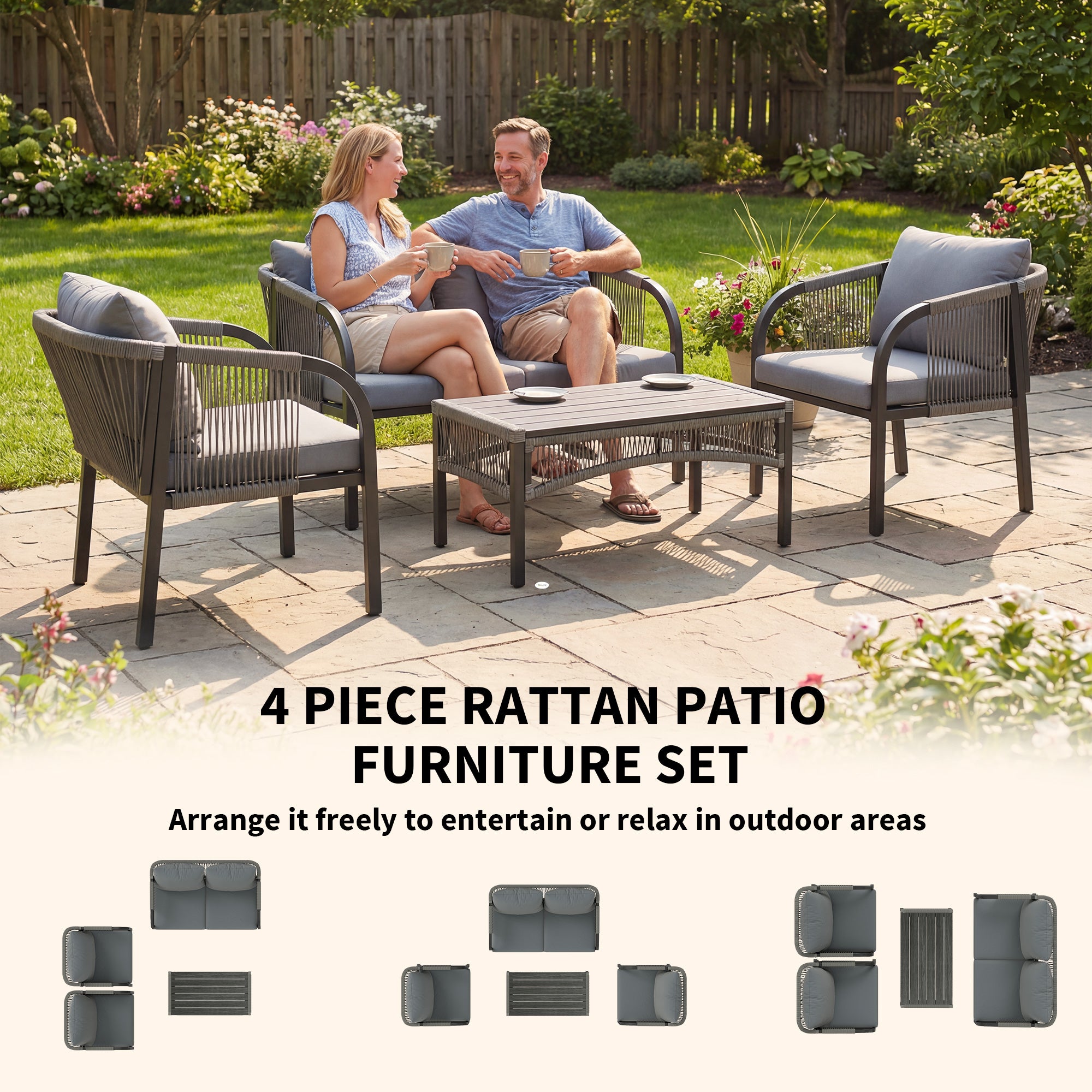 Outsunny 4 Piece Rattan Garden Furniture Set with Loveseat, Armchairs, Table, Steel Frame Wicker Patio Conversation Set, Grey 