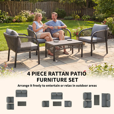 Outsunny 4 Piece Rattan Garden Furniture Set with Loveseat, Armchairs, Table, Steel Frame Wicker Patio Conversation Set, Grey 