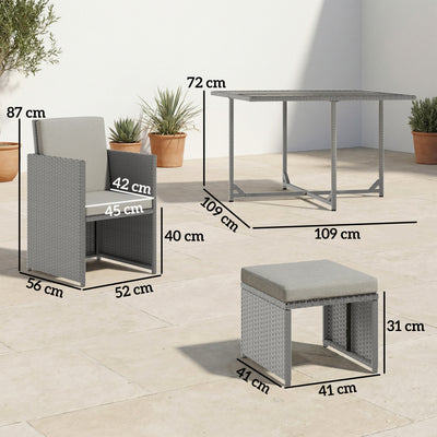 Outsunny 9 Piece Rattan Cube Garden Furniture Dining Set with Armchairs, Footstools and Glass-Top Table, Light Grey 