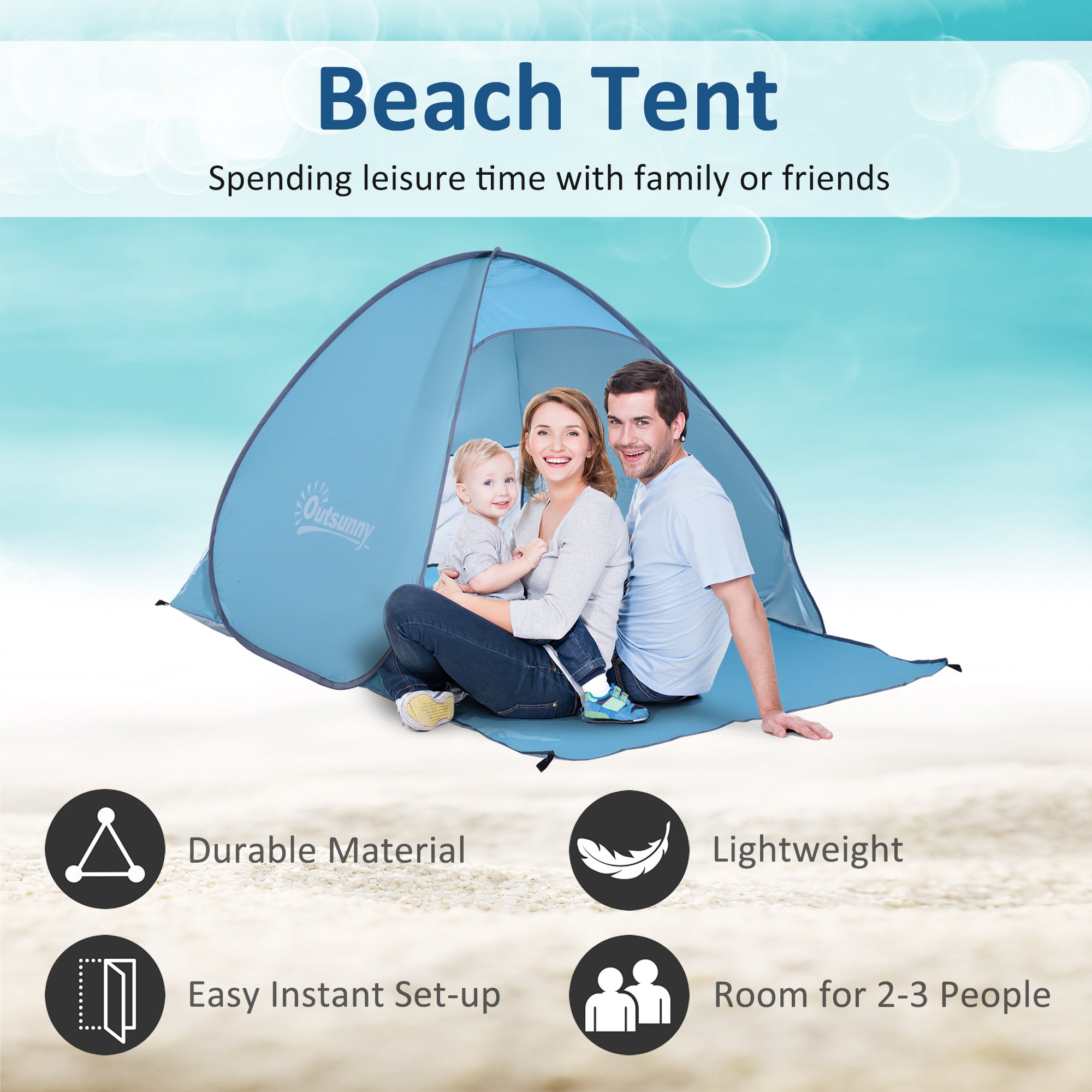 Outsunny 2-3 Person Pop up Beach Tent Hiking UV 30+ Protection Patio Sun Shelter (Blue) 