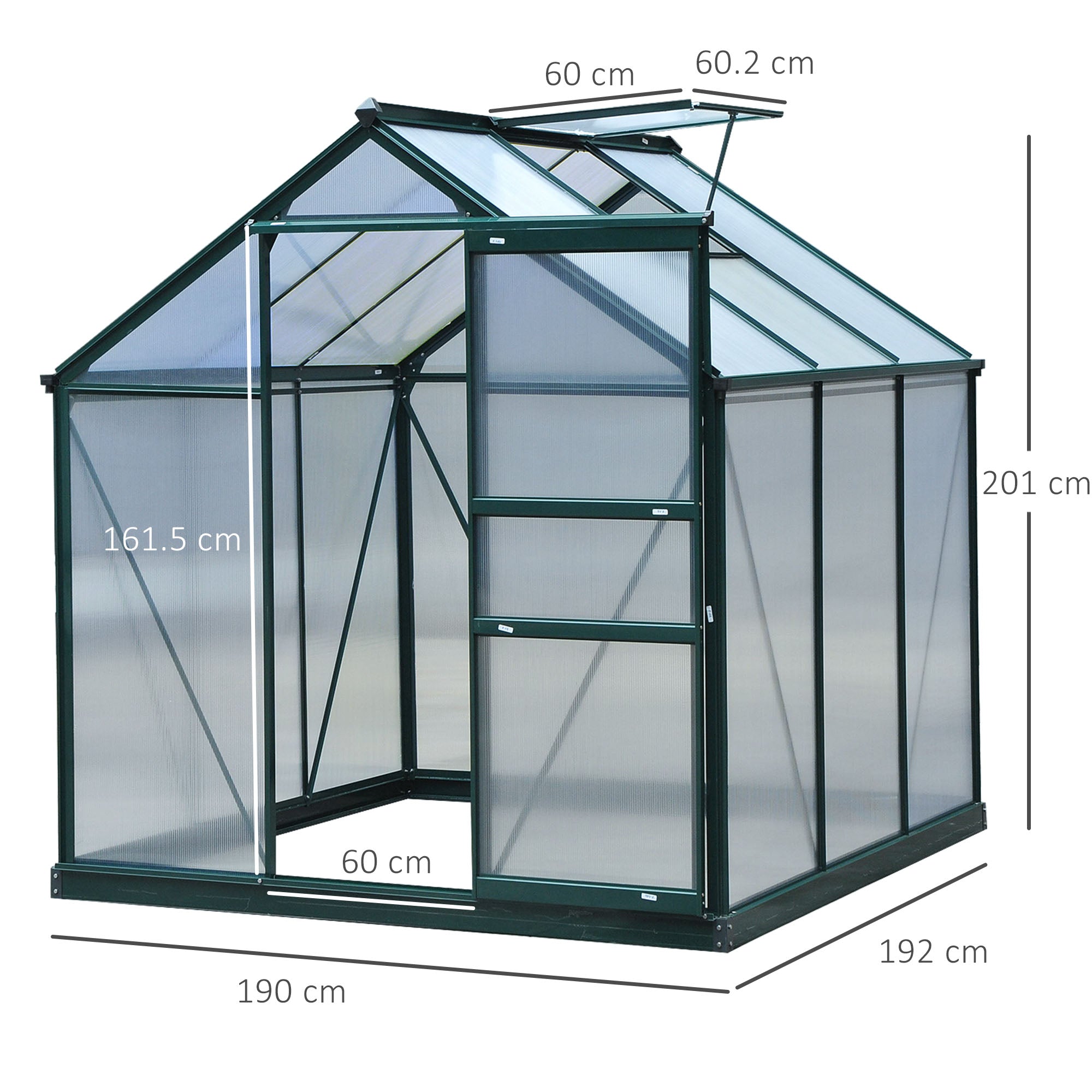 Outsunny 6 x 6ft Polycarbonate Greenhouse, Large Walk-In Green House with Slide Door and Window, Garden Plants Grow House with Aluminium Frame and Foundation, Dark Green 