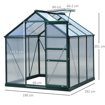 Outsunny 6 x 6ft Polycarbonate Greenhouse, Large Walk-In Green House with Slide Door and Window, Garden Plants Grow House with Aluminium Frame and Foundation, Dark Green 