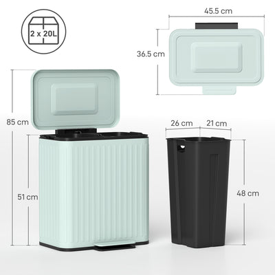 HOMCOM 40L Dual Compartment Rubbish Bin, with Soft-Close Lid - Green 