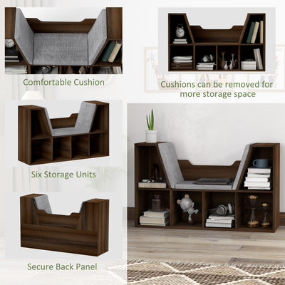 HOMCOM Bookcase Storage Shelf with Cushioned Reading Seat, Cube Bookshelf Organizer for Bedroom Living Room, Chestnut 