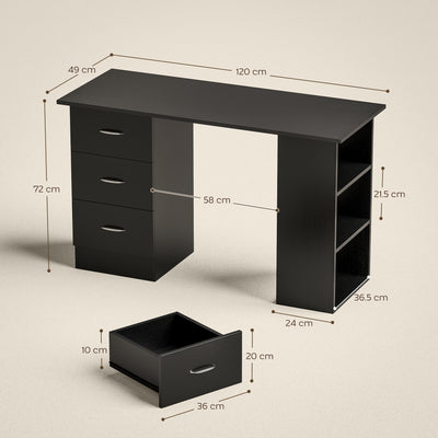 HOMCOM Computer Desk with Drawers, Home Office Desk, Writing Table, PC Workstation with 3 Storage Shelves for Working, Study, 120 x 49 x 72 cm, Black 