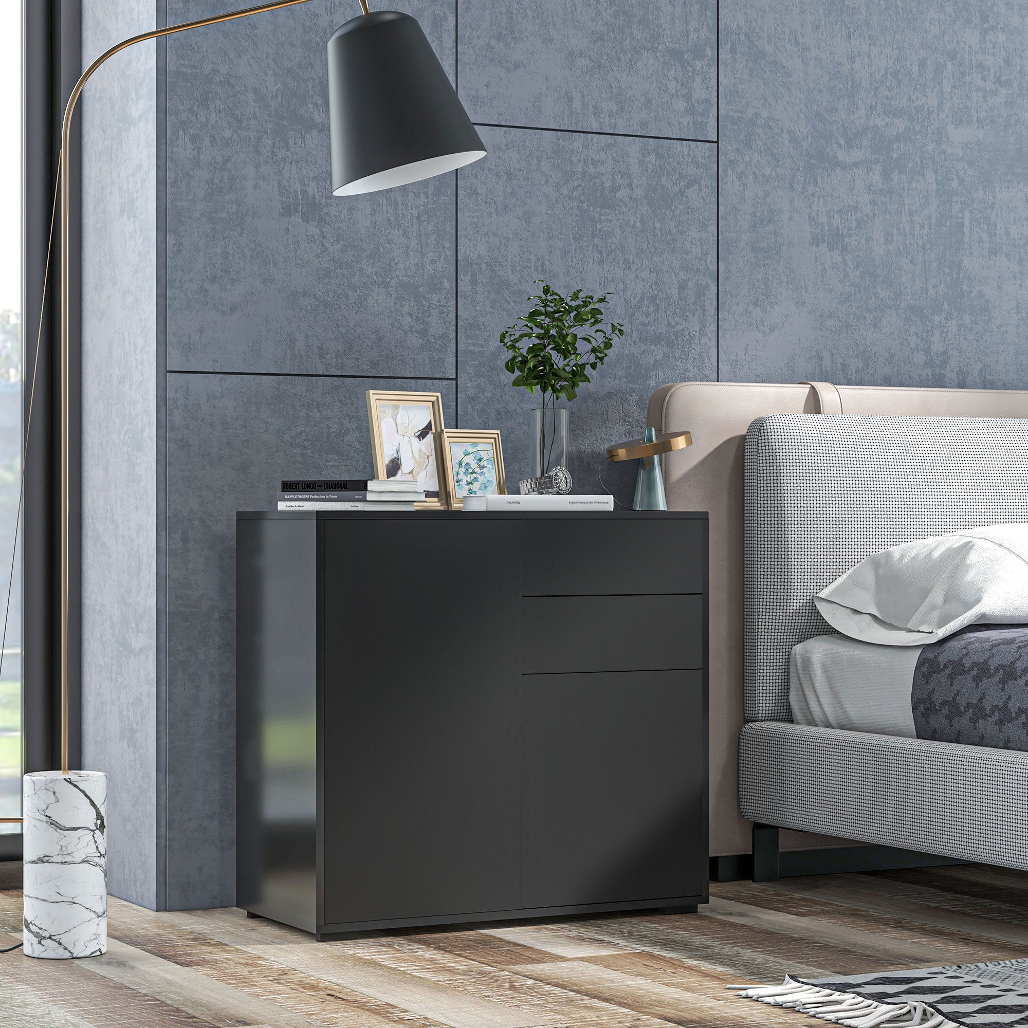 HOMCOM High Gloss Frame Sideboard, Push-Open Design with 2 Drawers for Living Room, Bedroom, 74H x 79W x 36Dcm, Black 