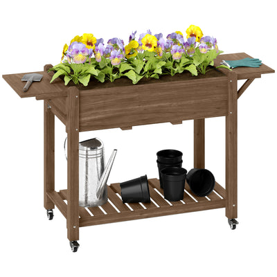 Outsunny Raised Garden Bed, Wooden Elevated Planter Box with Lockable Wheels, Side Tables and Bottom Shelf, Outdoor Planter with Liner and Drainage Holes for Vegetables, Flowers, Fruits, Carbonised 