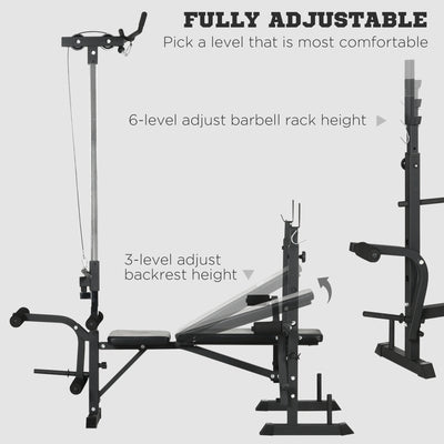 HOMCOM Adjustable Weight Bench with Pulley System, Incline Bench Press Set with Squat Rack, Leg Developer, Butterfly and Weight Storage, for Home Gym Full Body Workout 