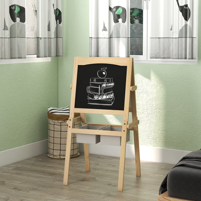 AIYAPLAY Kids Easel with Paper Roll, 3 in 1 Art Easel for Toddlers, Double-Sided Kids Whiteboard Blackboard with Storage Baskets for Ages 3-6 Years - Natural Wood Finish 
