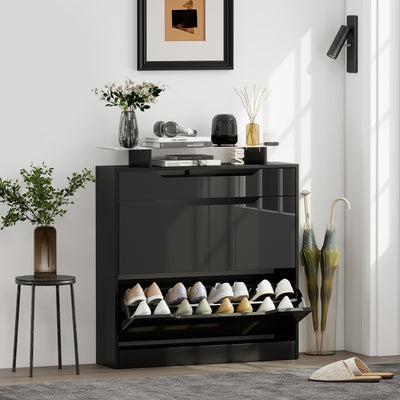 HOMCOM Shoe Storage Cabinet with Slide Out Drawer, 2 Flip Doors, Tempered Glass Top - Black 