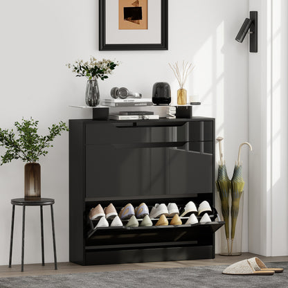 HOMCOM Shoe Storage Cabinet with Slide Out Drawer, 2 Flip Doors, Tempered Glass Top - Black