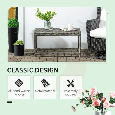 Outsunny Outdoor Coffee Table, Garden PE Rattan Side Table with Plastic Board Under the Full Woven Table Top and Rectangular Frame for Patio, Balcony, Mixed Grey 
