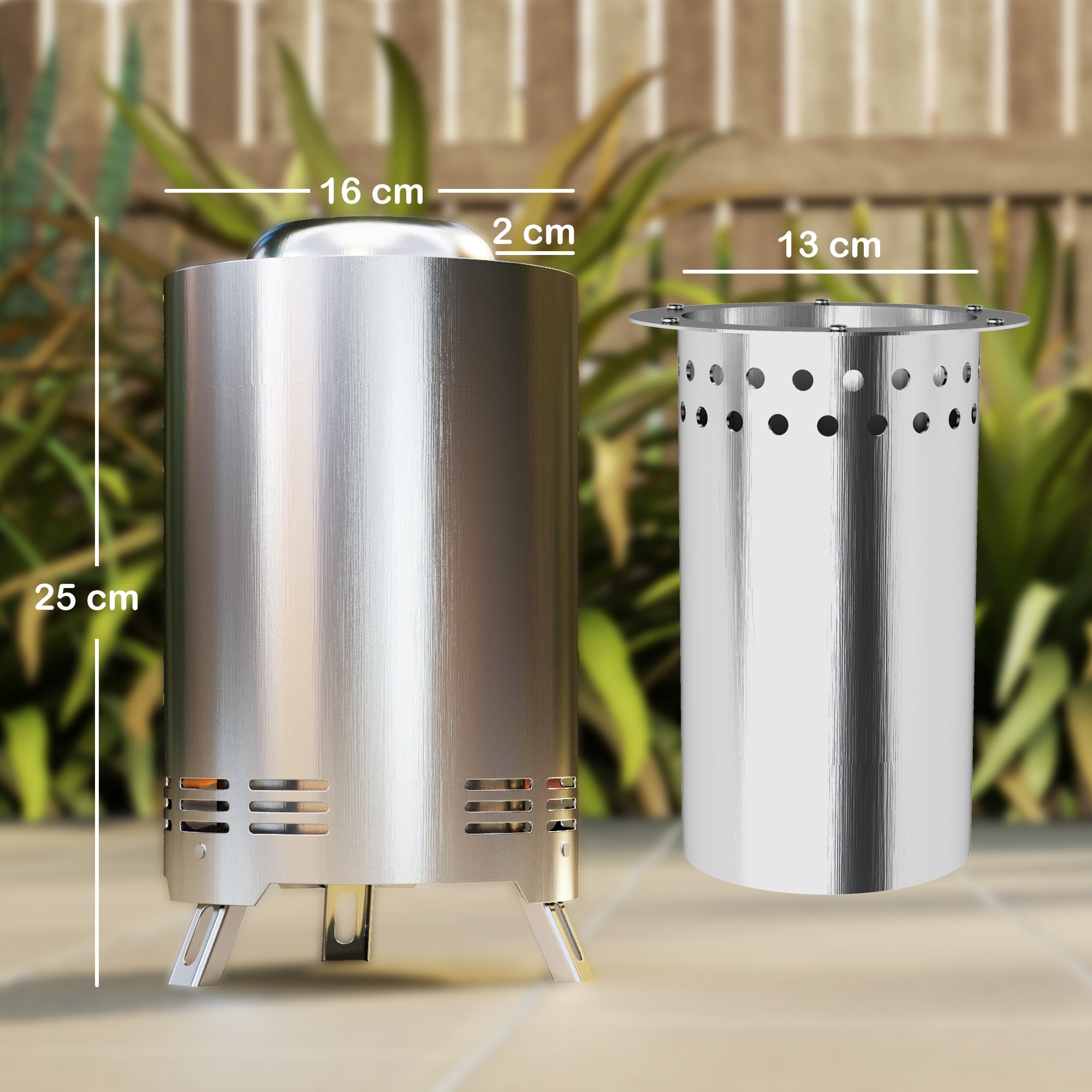 Outsunny Smokeless Fire Pit, 16 x 16 cm Stainless Steel Portable Wood Burning Firepit with Poker, Wood or Pellet Fuelled Tabletop Fire Pit for Garden Camping Bonfire Party, Silver Tone 