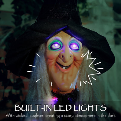 Outsunny 183 cm Life Size Halloween Animated Hanging Witch with Glowing LED Eyes & Body, Spooky Witch Scary Halloween Decorations, Battery Operated, Indoor Party Props 