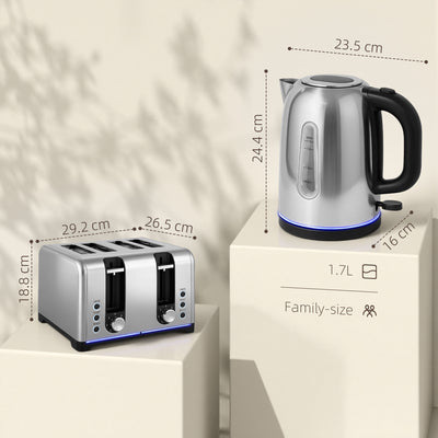 HOMCOM Kettle and Toaster Set, 1.7L 3000W Rapid Boil Jug Kettle with Otter Thermostat, Limescale Filter, 4 Slice Toaster with 7 Browning Controls, Crumb Tray, LED Strip, Silver Tone 